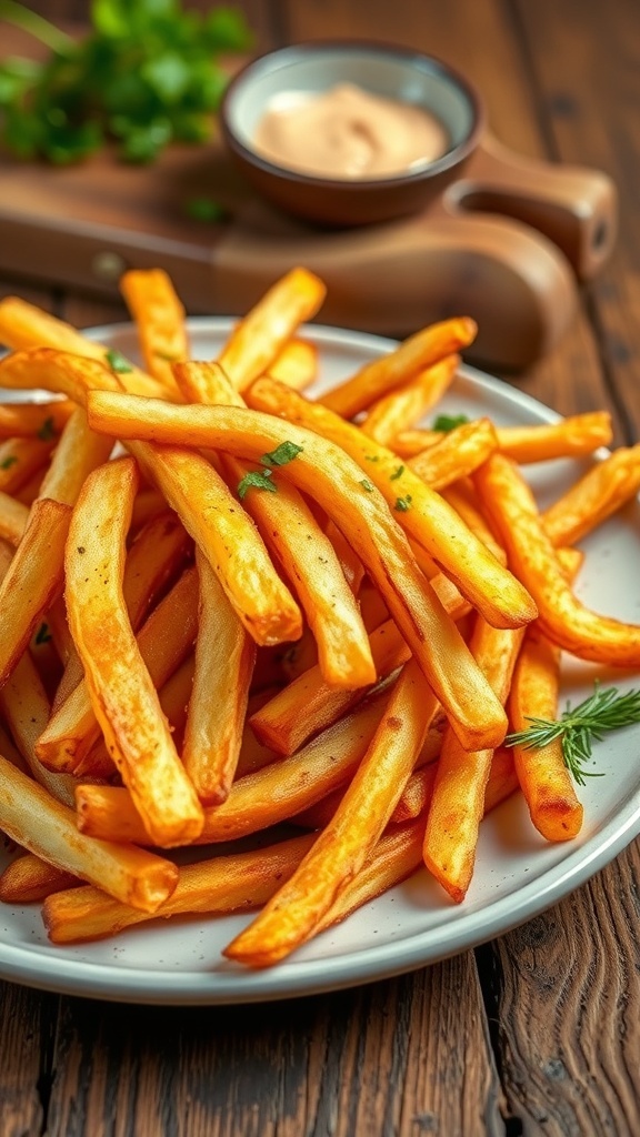 Crispy air fryer French fries on a plate with fresh herbs and a dipping sauce.